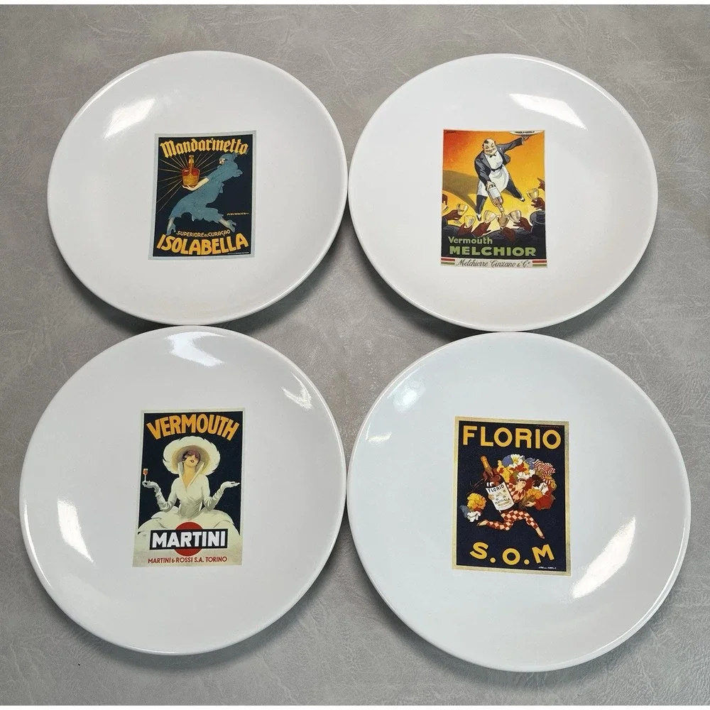 Pottery Barn Vintage Cocktail Appetizer Plates Martini Vermouth Set of 4